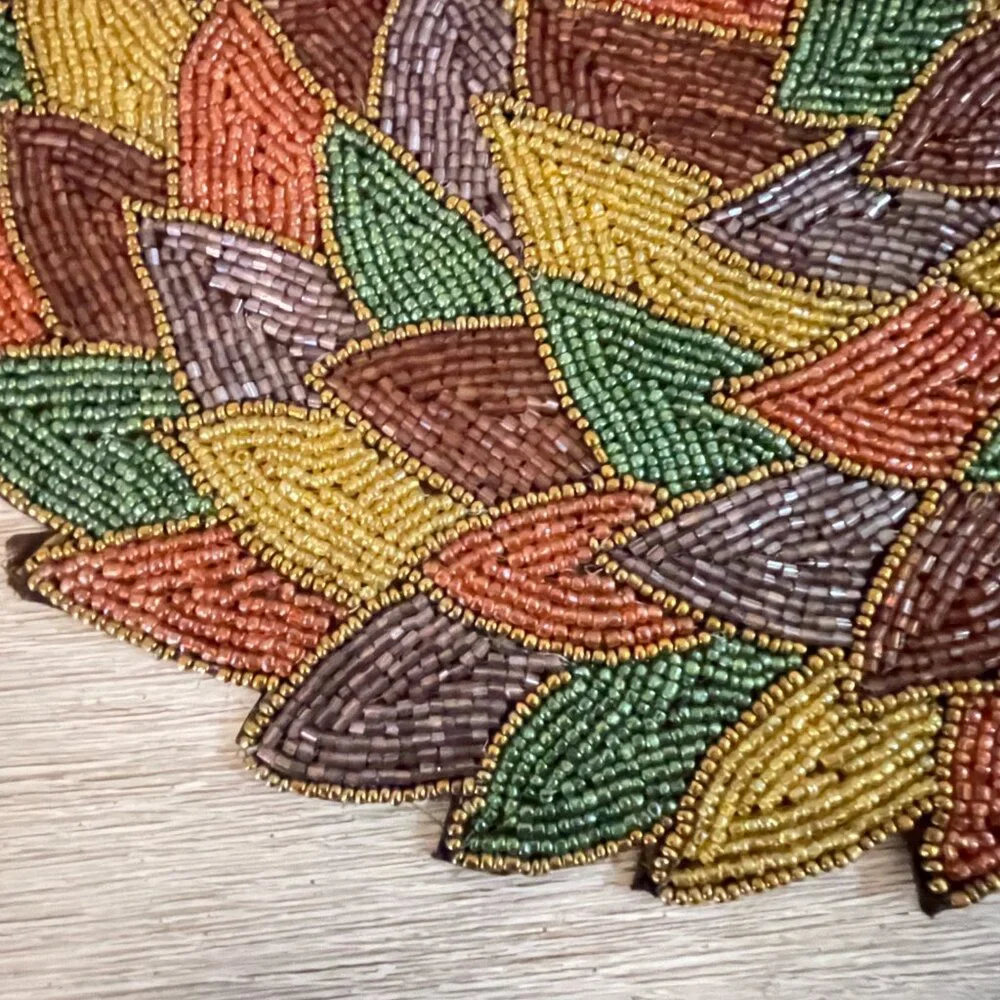 Placemat Fall Multi Colors Beaded Round Leaf Pattern